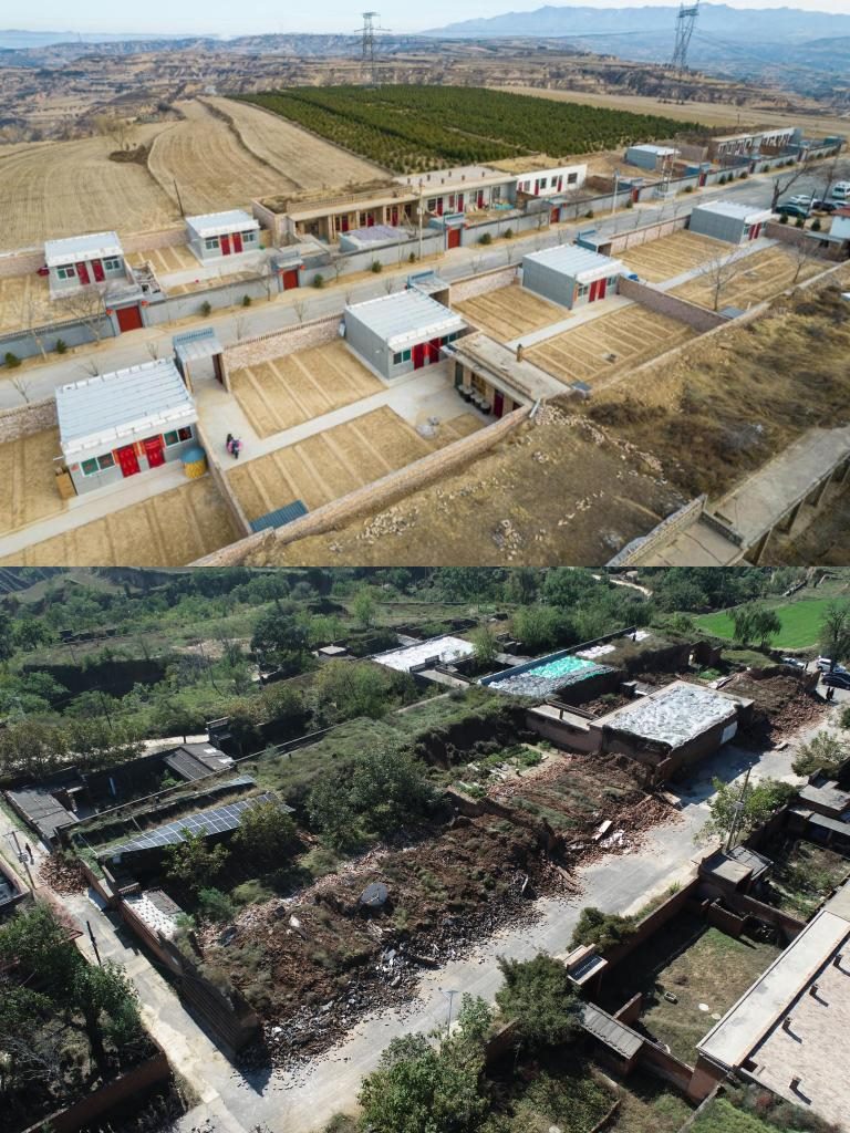 拼版照片，上圖是2022年1月山西省霍州市師莊鄉(xiāng)馮南垣村災(zāi)后恢復(fù)重建后的場景，下圖是2021年10月村莊因災(zāi)受損的場景。(霍州市委宣傳部供圖)