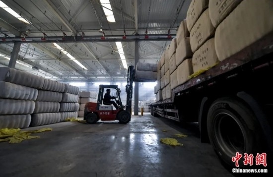 新疆喀什綜合保稅區(qū)，喀什啟路國際貿(mào)易有限公司的倉庫內(nèi)，工人正在裝載從塔吉克斯坦和烏茲別克斯坦進口的棉花。劉新攝