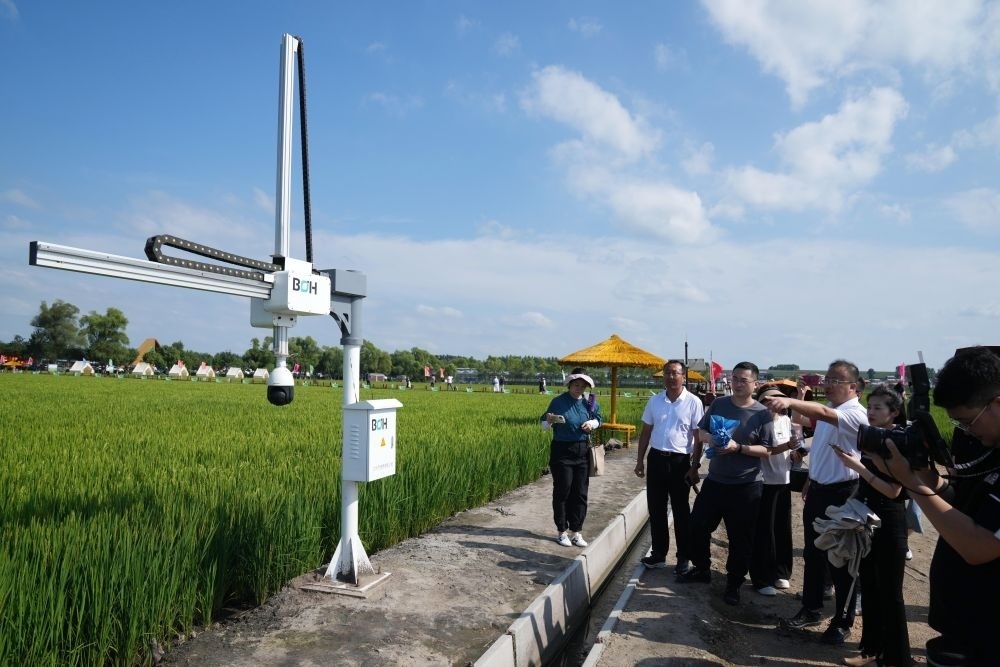 在北大荒集團(tuán)閆家崗農(nóng)場(chǎng)有限公司農(nóng)業(yè)現(xiàn)代化示范區(qū)，工作人員在介紹利用數(shù)字技術(shù)的葉齡診斷儀（2023年8月10日攝）。新華社記者 王建威 攝