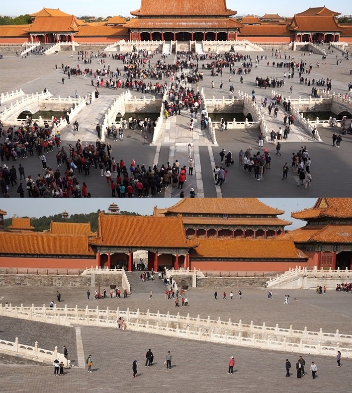 上午9時(shí)和下午13時(shí)的太和門(mén)廣場(chǎng)客流對(duì)比。故宮博物院供圖