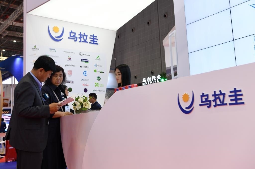 2019年11月6日，參觀者在第二屆進(jìn)博會(huì)烏拉圭國家館展臺(tái)咨詢。