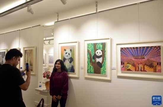 11月22日，在孟加拉國達(dá)卡，人們在“國家印象”繪畫展上參觀拍照。新華社發(fā)（薩利姆攝）