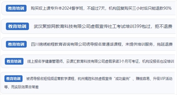 “人民投訴”用戶舉報機構(gòu)虛假宣傳包過包拿證、虛假承諾收益效果、課程服務貨不對板、退款難等在線教培亂象。（“人民投訴”平臺截圖）