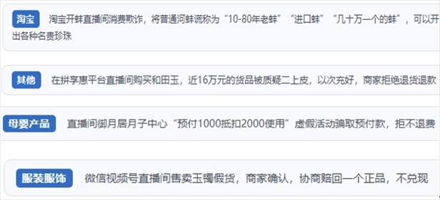 “人民投訴”用戶投訴直播間網(wǎng)購珠寶玉石、家電、培訓課程等產(chǎn)品遭遇欺詐的情況。（“人民投訴”平臺截圖）