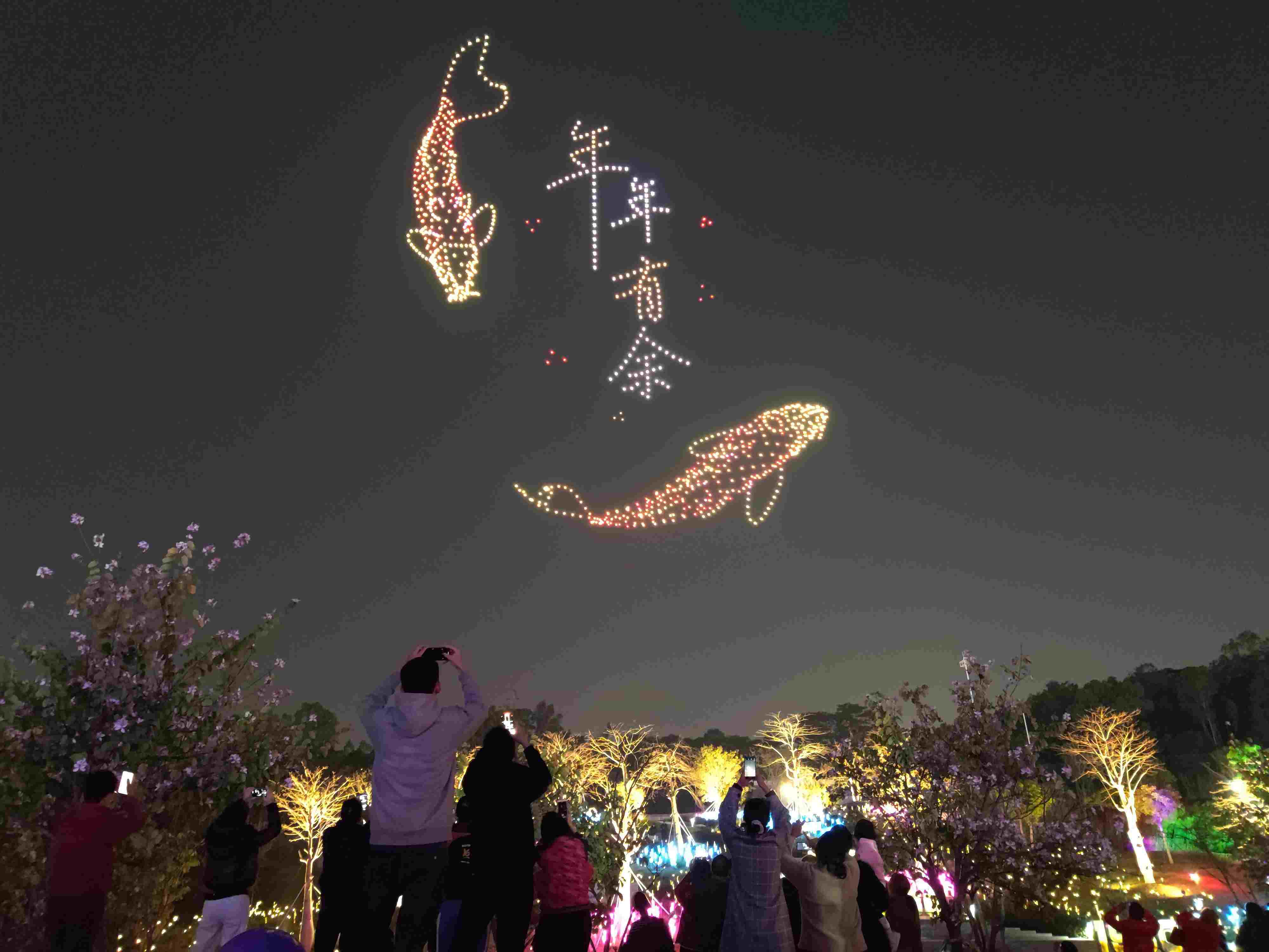 △ 2024年2月10日，深圳北站中心公園，春節(jié)主題無(wú)人機(jī)燈光秀引來(lái)眾多游客駐足觀看。