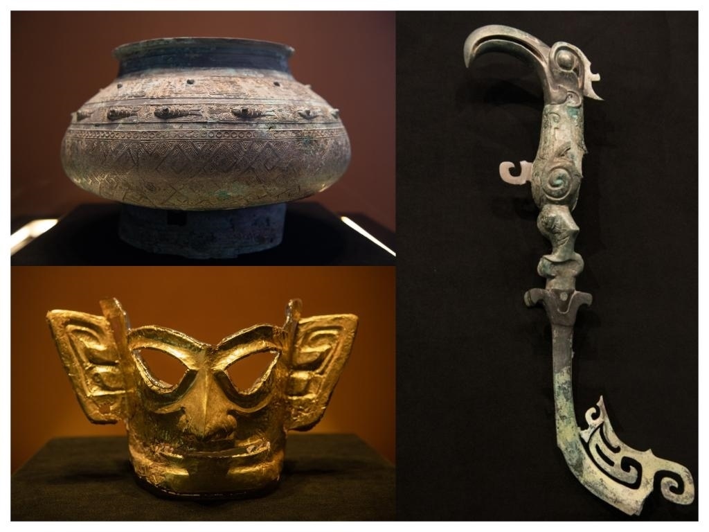 拼版照片：左上圖為青銅瓿，左下圖為黃金面具，右圖為青銅樹(shù)枝。新華社記者唐文豪 攝
