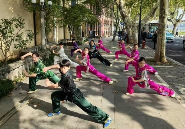 杭州市陳經(jīng)綸體校武術(shù)隊(duì)學(xué)生們展示中華武術(shù)。 人民網(wǎng)記者 楊磊攝