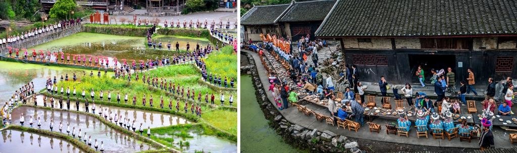 左圖：近期，人們在黎平縣肇興侗寨的田園里演唱侗族大歌（黎平縣委宣傳部供圖）；右圖：這是2023年拍攝的十八洞村長桌宴（湘西州委宣傳部供圖）。