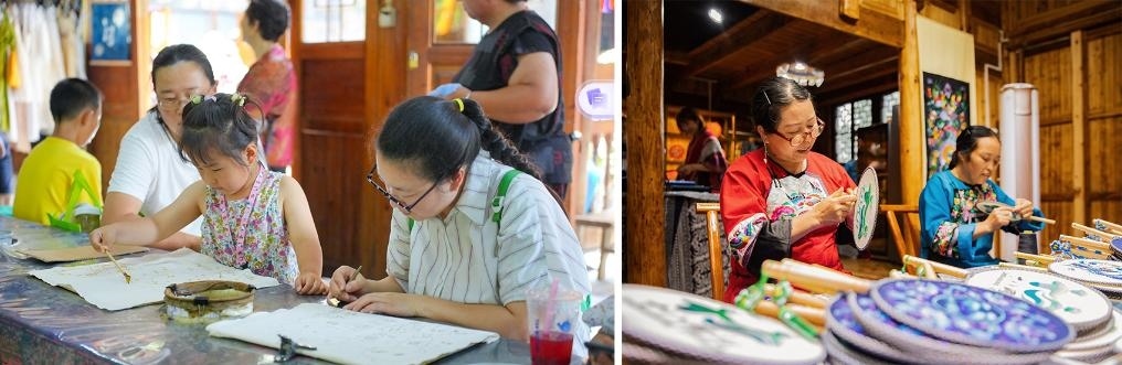 左圖：近期，游客在黎平縣肇興侗寨體驗非遺蠟染藝術(shù)（黎平縣委宣傳部供圖）；右圖：這是2024年拍攝的繡娘在十八洞村梨子寨苗繡鄉(xiāng)村振興示范基地制作苗繡產(chǎn)品（湘西州委宣傳部供圖）。