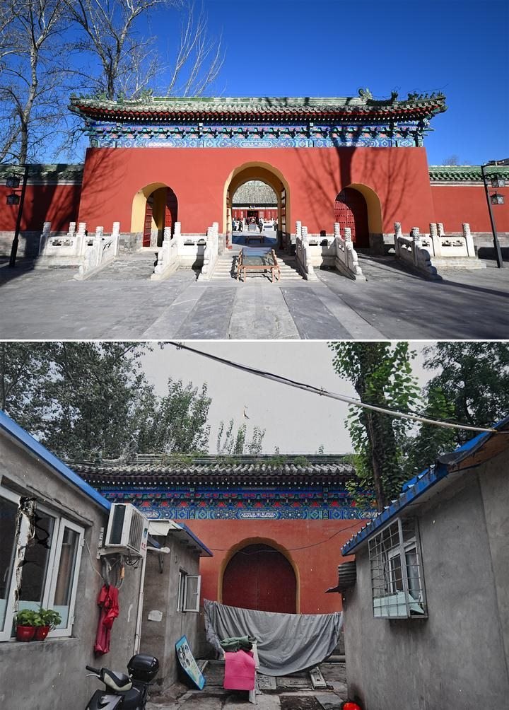 位于先農(nóng)壇內(nèi)的慶成宮，曾長(zhǎng)時(shí)間被雜亂的民居占據(jù)。在北京中軸線申遺保護(hù)工作的帶動(dòng)下，北京完成了慶成宮區(qū)域文物征收騰退、非文物建筑拆除、彩畫保護(hù)、本體修繕、展覽布陳等，讓560多年歷史的古建群重新回歸。2024年12月，北京中軸線上先農(nóng)壇內(nèi)的慶成宮首次面向社會(huì)公眾開放。上圖為騰退修繕后的慶成宮內(nèi)宮門（資料照片）；下圖為翻拍的慶成宮內(nèi)宮門騰退修繕前的資料照片（2024年12月21日攝）。